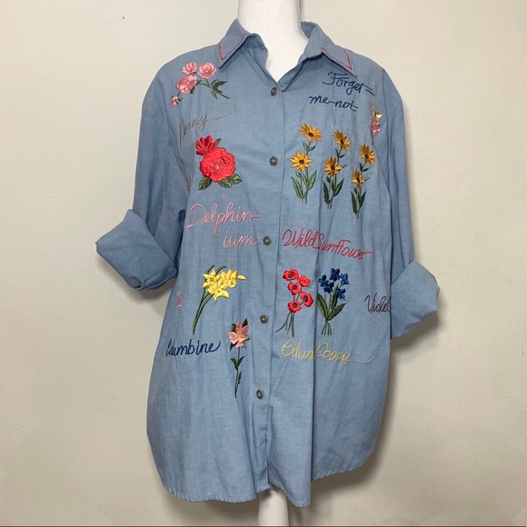 Alfred Dunner Tops - Alfred Dunner Floral Embroidered Denim Button Up
